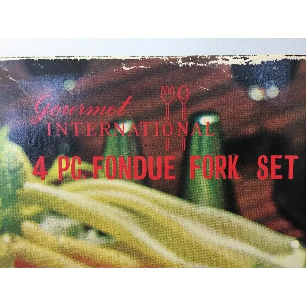 Set 4 Vtg Mid Century Canoe Muffin Japanese Stainless Teak 3 Prong Fondue Forks